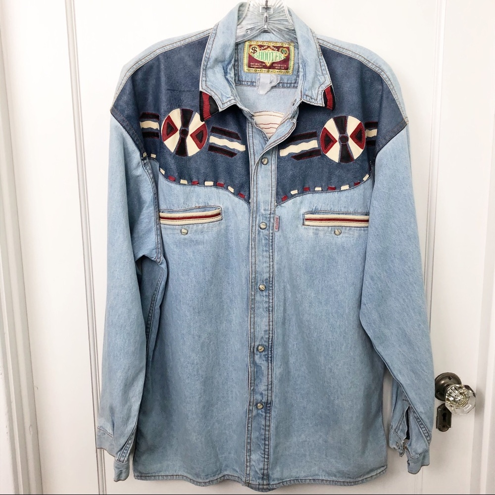 Vintage Denim & Leather Appliqué Western Shirt